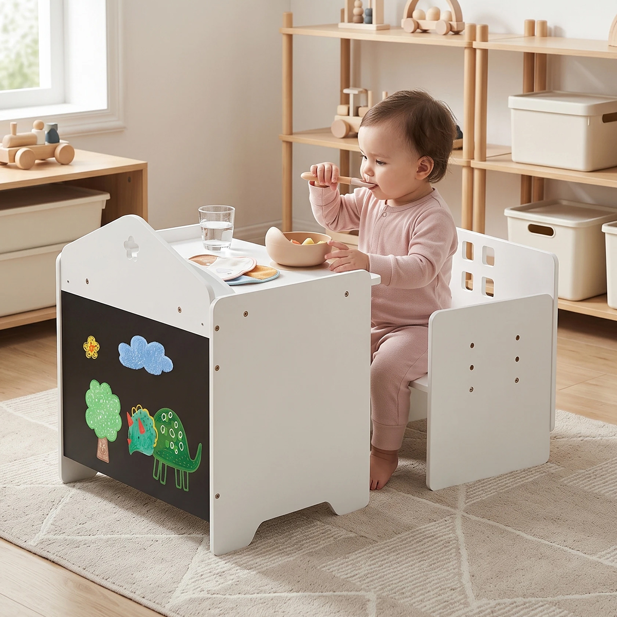 Toddler eating at white activity table and adjustable chair set with chalkboard side
