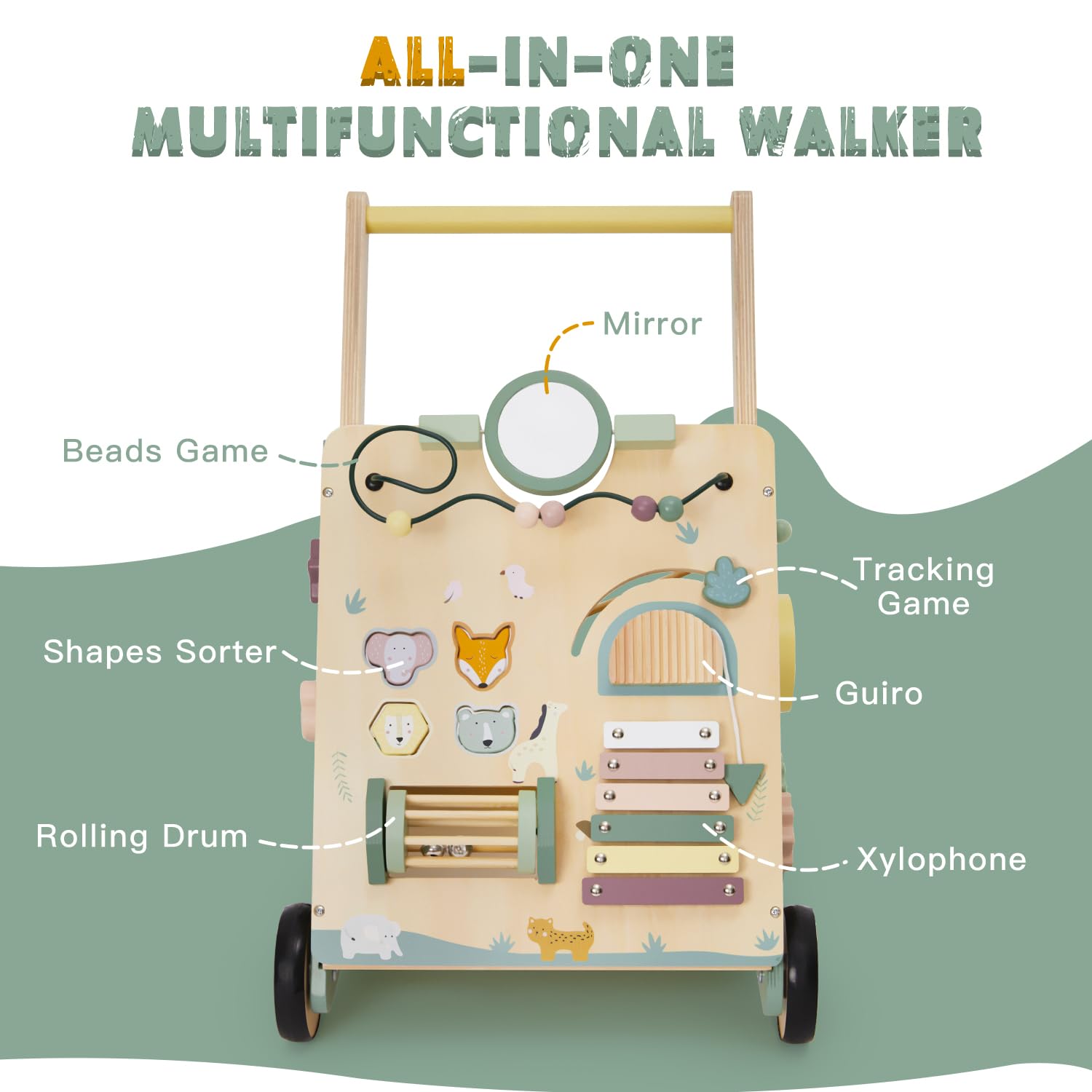 All-in-one wooden baby walker with mirror, bead maze, shape sorter and xylophone