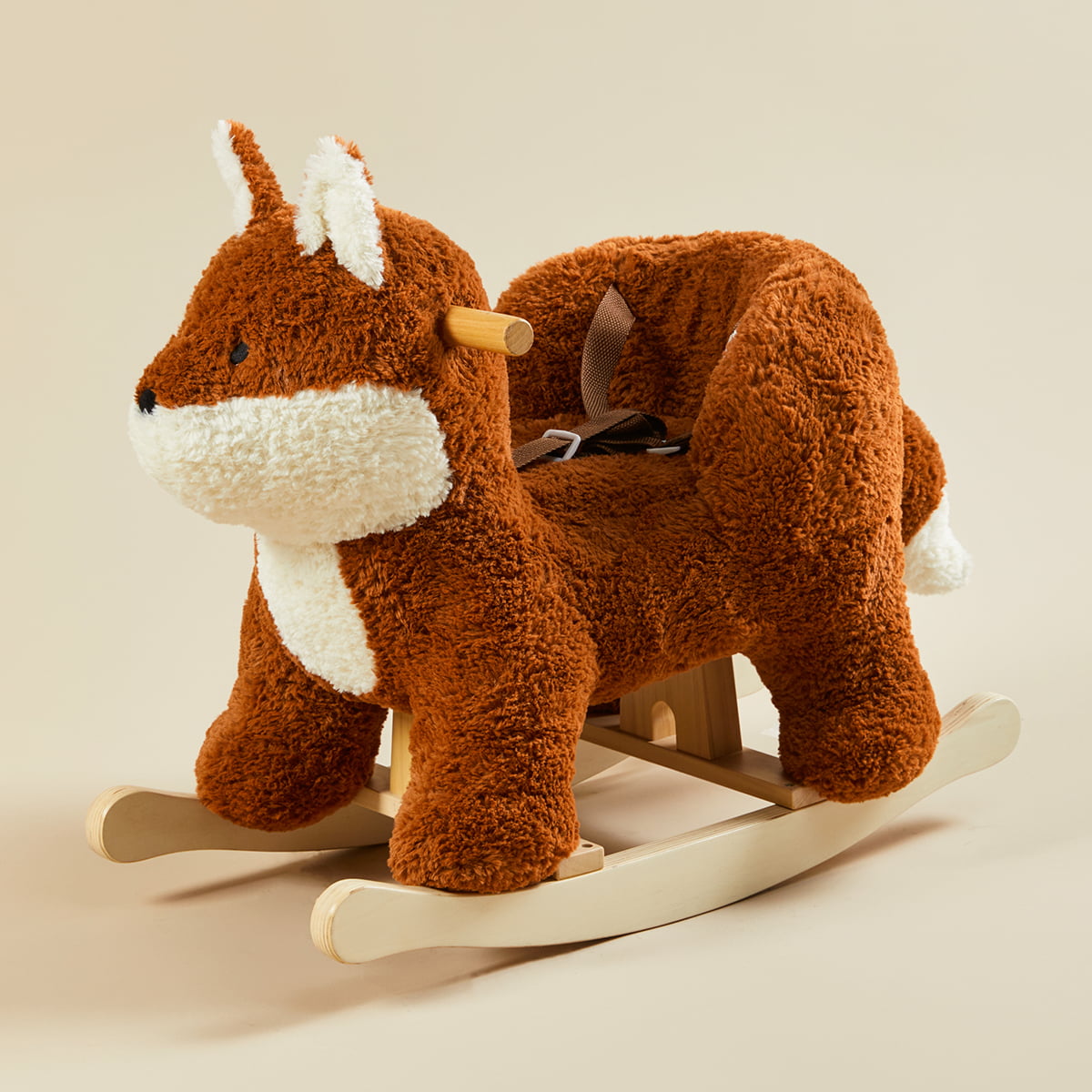 Soft fox plush rocker with wooden rocking base and safety harness