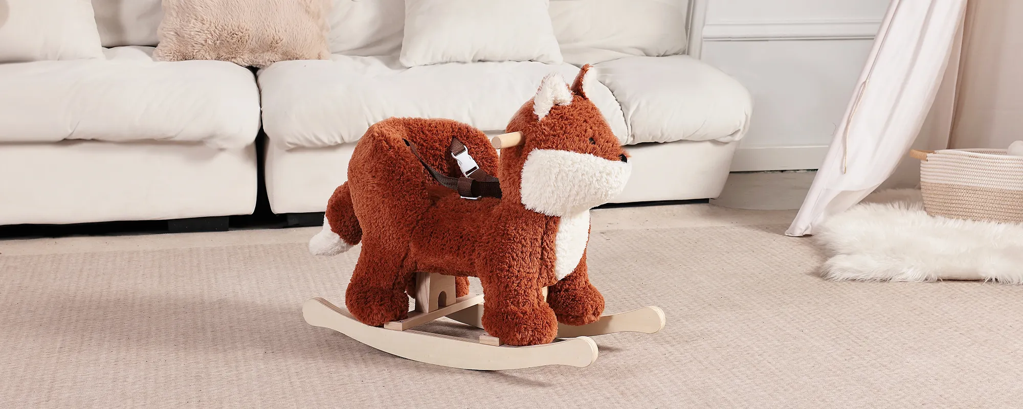 labebe brown fox plush rocking horse with high back seat and safety harness for toddlers