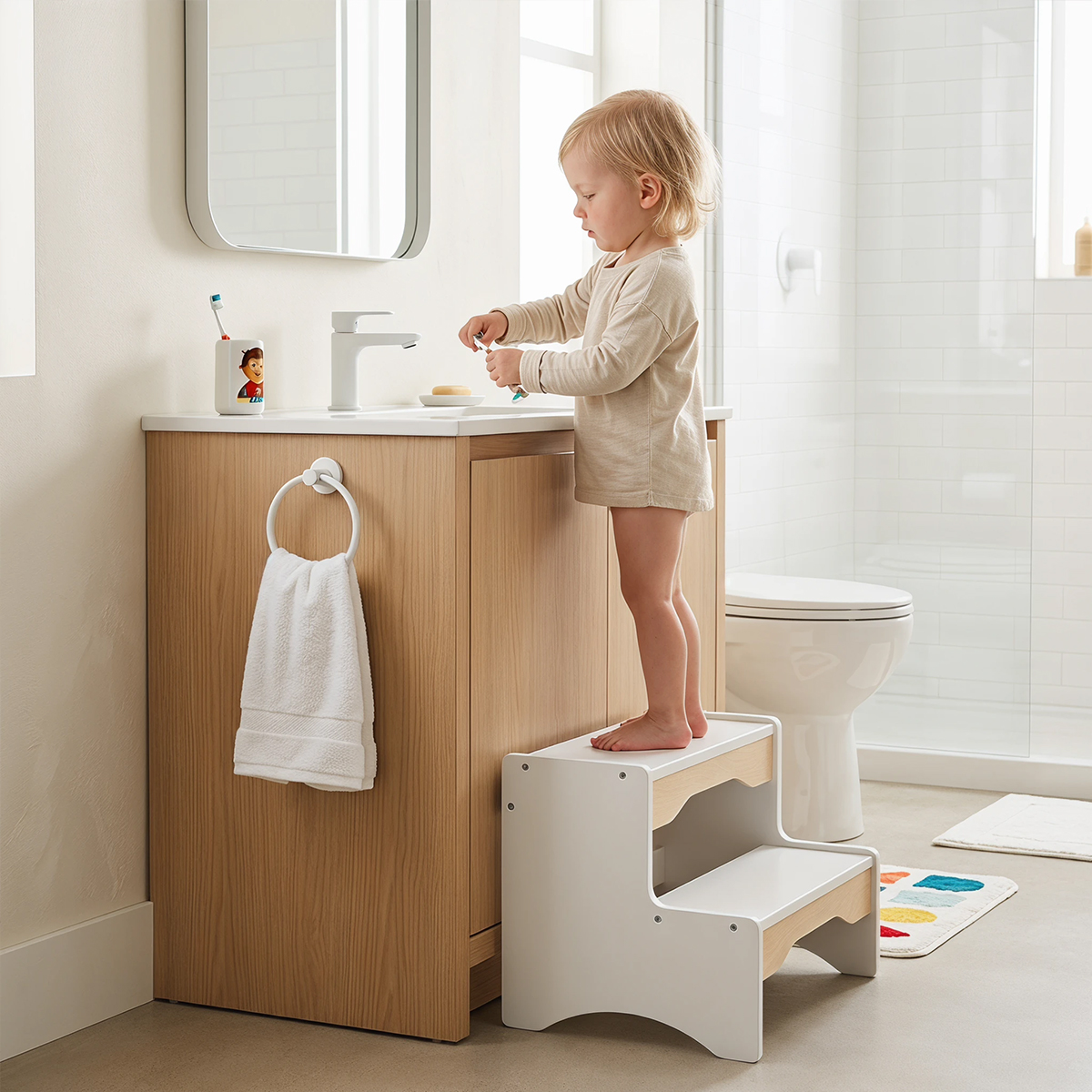 Child standing on wooden 2-step stool reaching bathroom sink, toddler 18M+