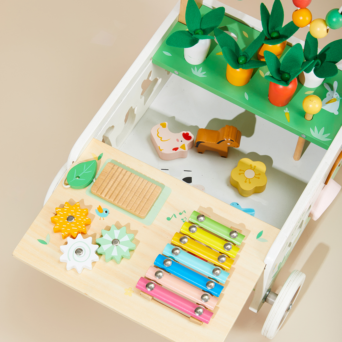 Farm wooden baby walker with shape sorter, xylophone and storage space