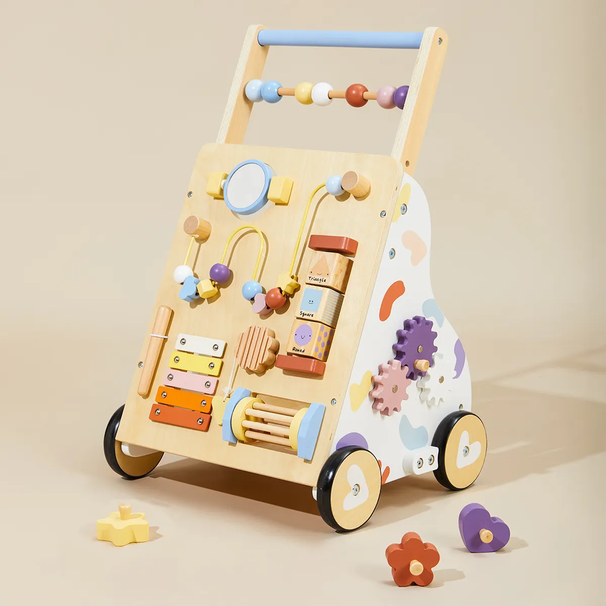 Multifunctional wooden activity baby push walker with sensory learning panel