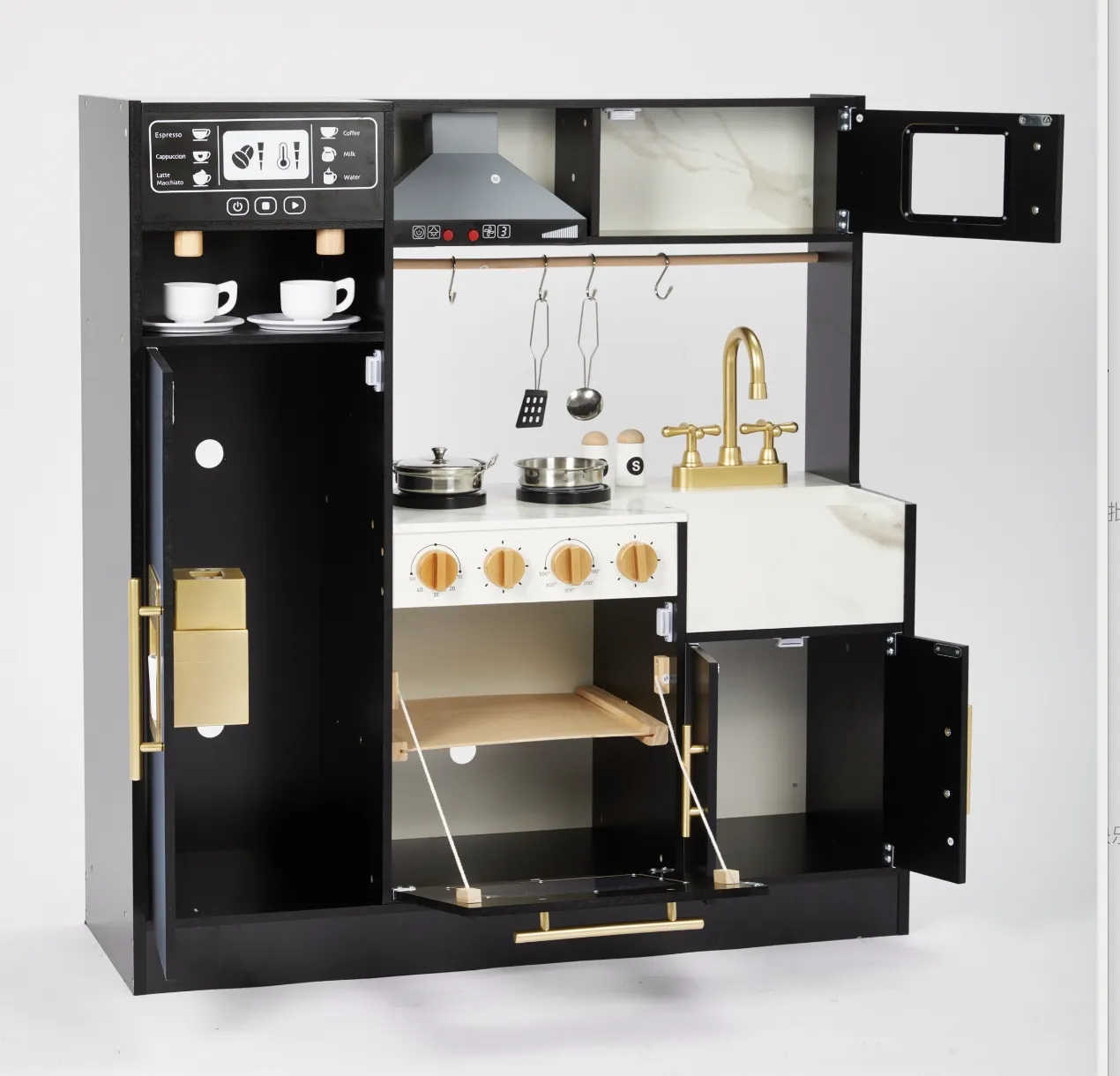 labebe black wooden toy play kitchen with open doors showing interior storage space