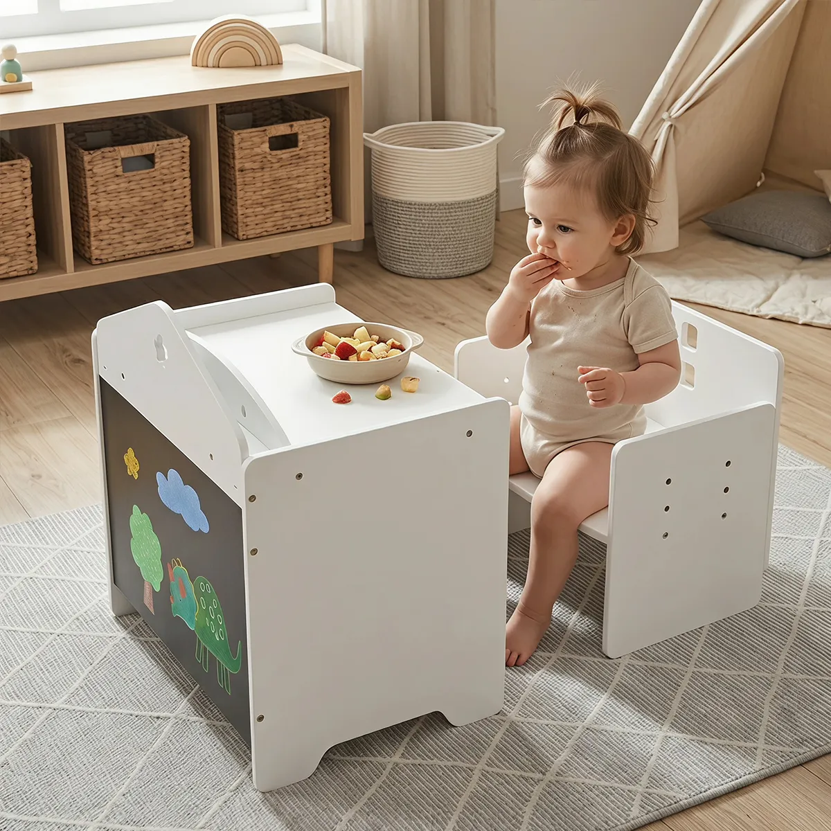 Toddler sitting safely on adjustable wooden cube chair next to activity desk