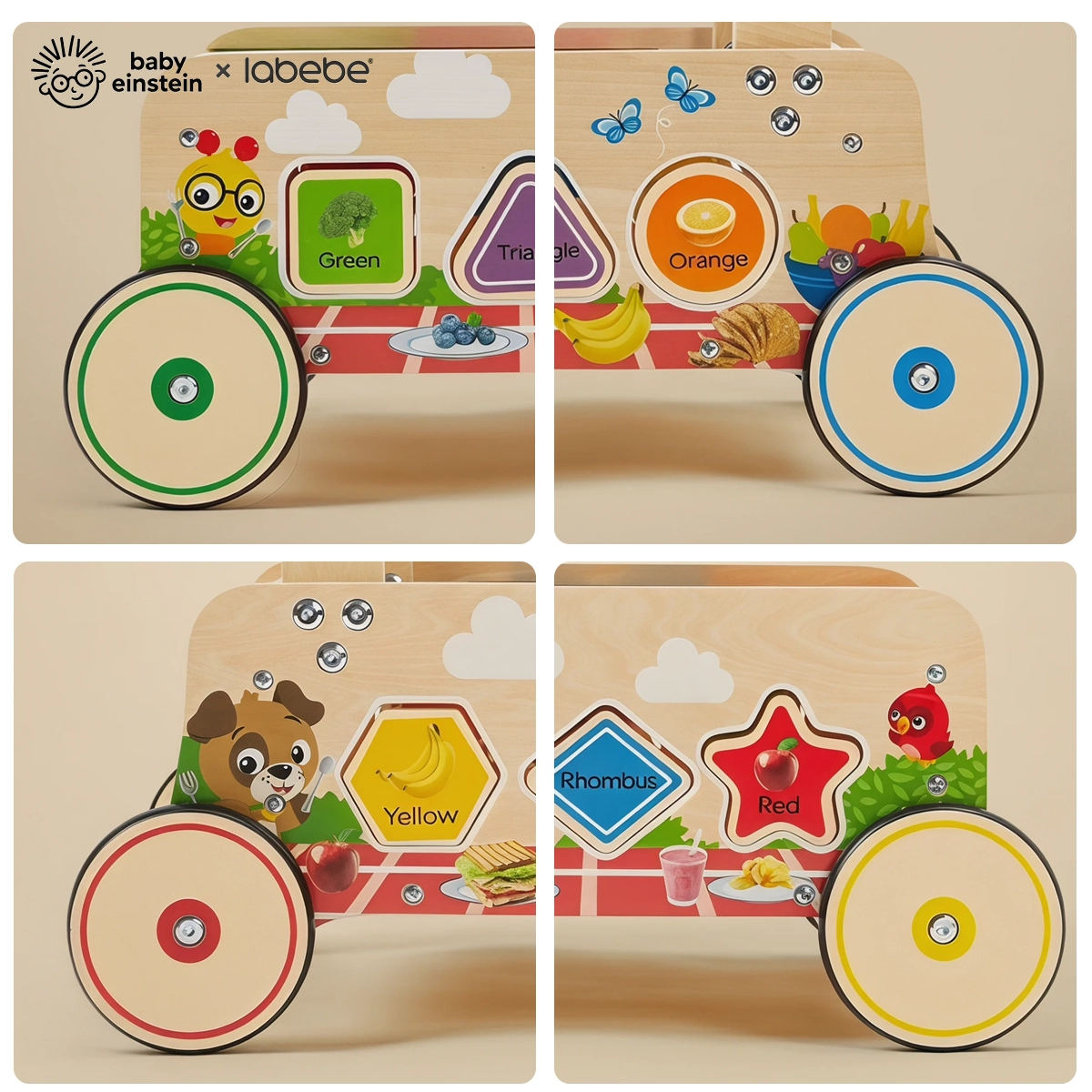 Four interactive sides of the Baby Einstein x labebe activity walker with educational play features