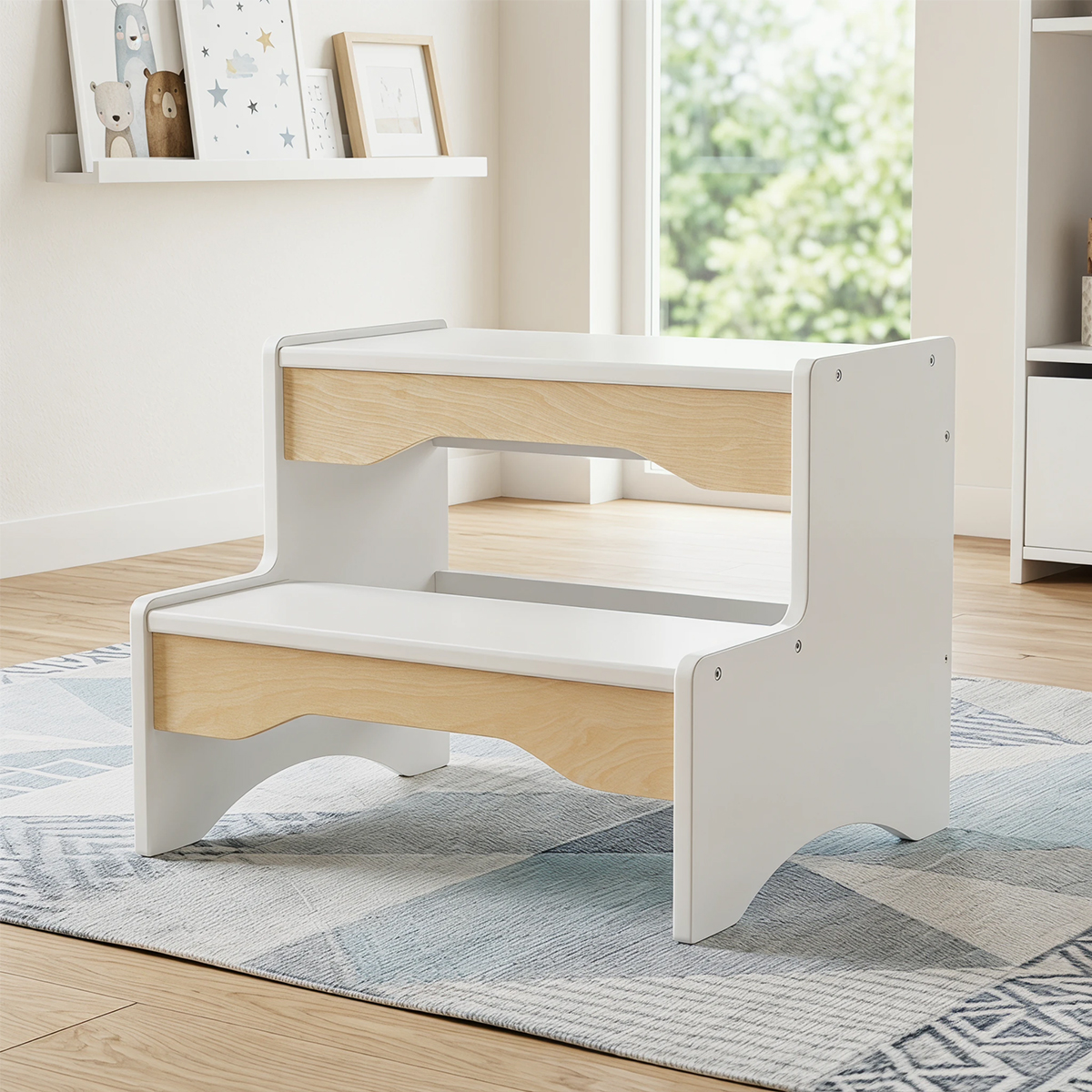labebe wooden 2-step toddler stool in white and natural wood finish, studio shot