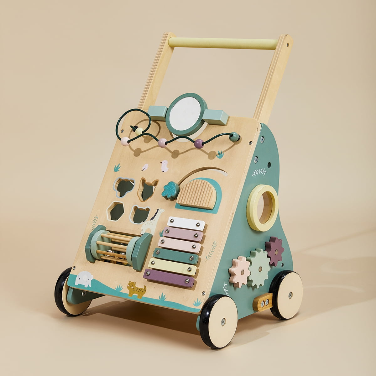 labebe woodland baby walker with activity panel and wooden wheels