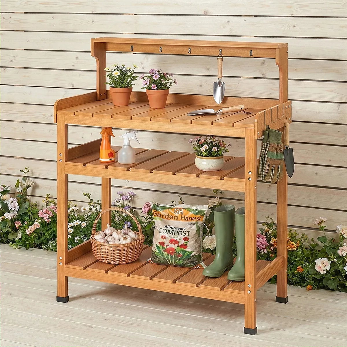 labebe outdoor garden potting bench workstation with storage shelves and hanging hooks
