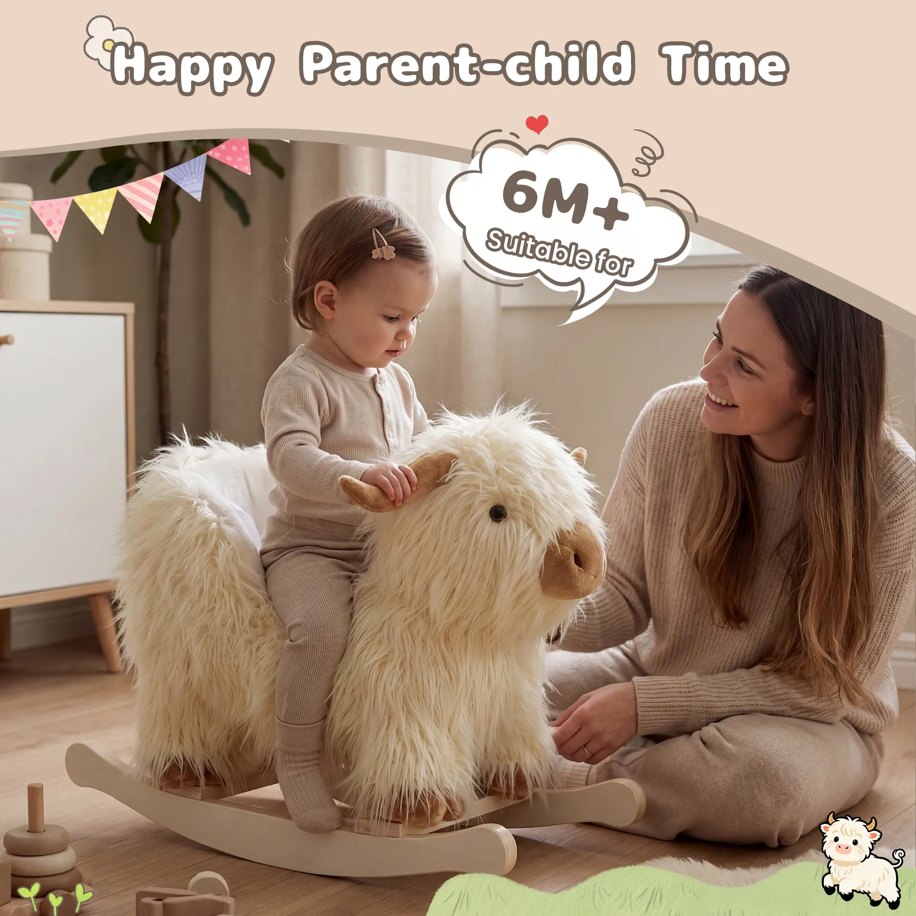 Toddler playing with a White Highland Cow plush rocker and tool bench walker with parent