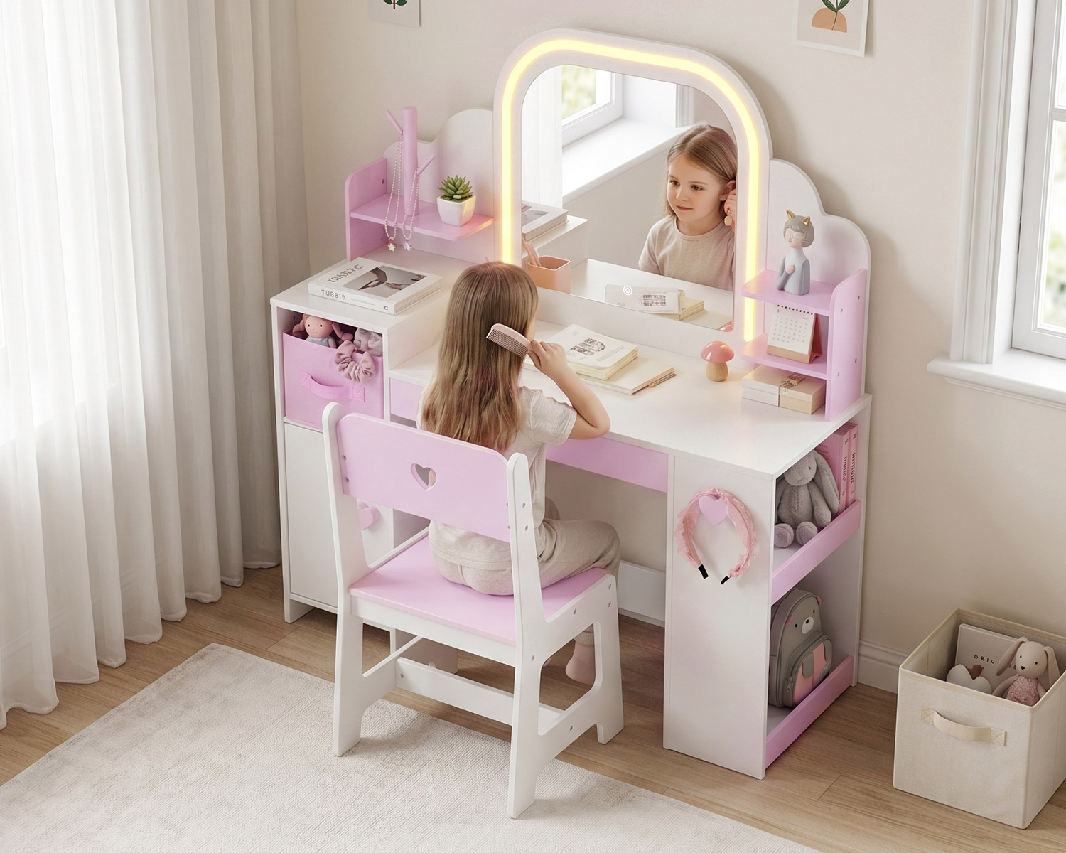 Young girl using white vanity set with LED mirror – Labebe kids vanity table with storage