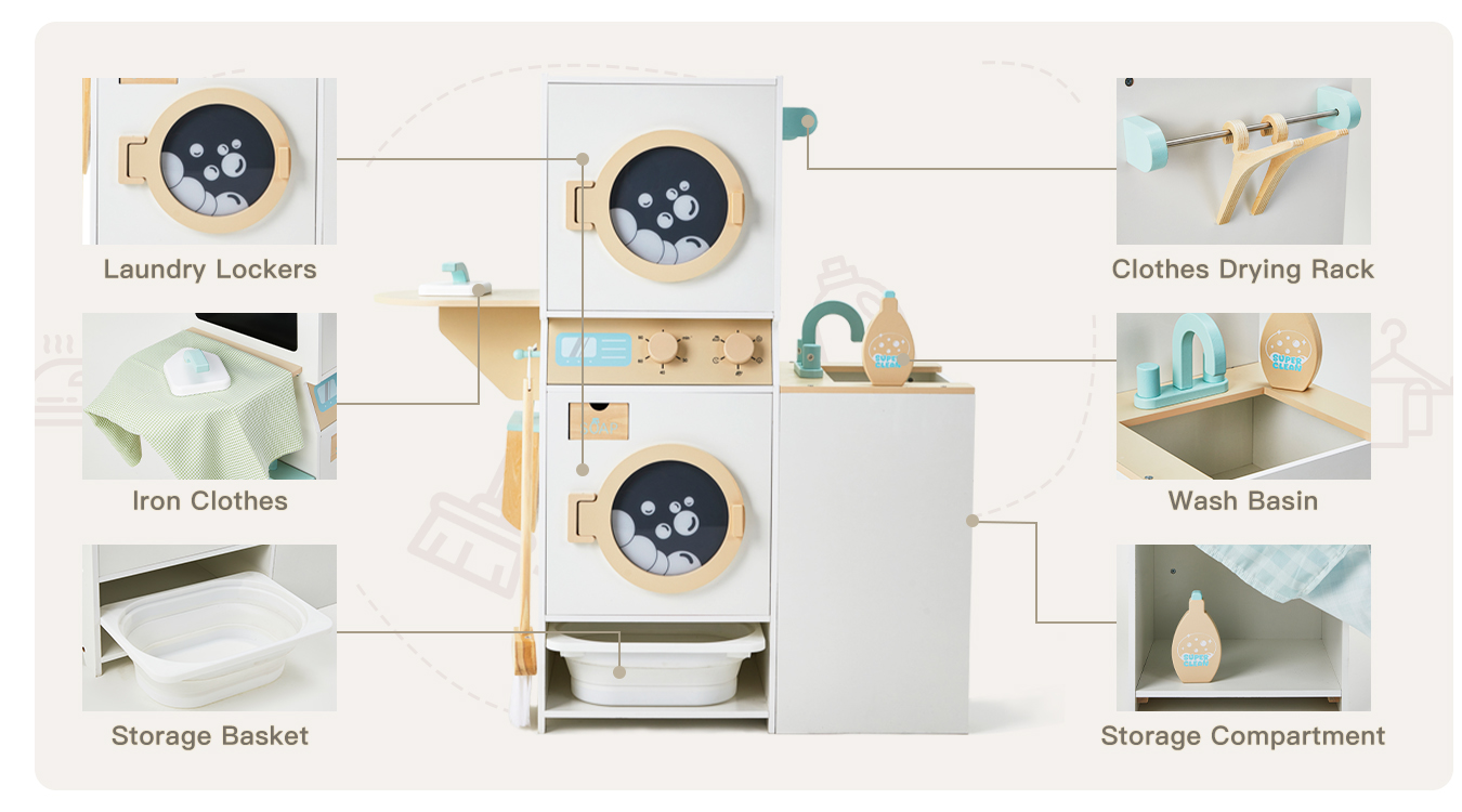 toddler washer and dryer playset with laundry lockers, iron clothes, storage basket, wash basin and clothes drying racks for fun