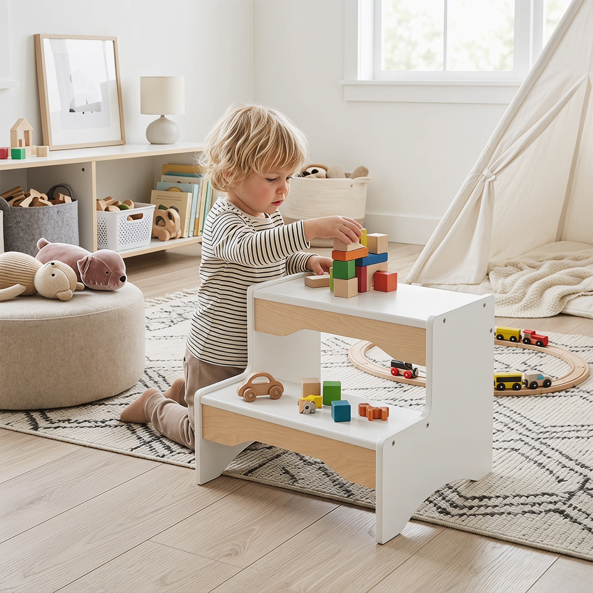 Child playing with wooden 2-step toddler stool in bedroom, reaching countertop