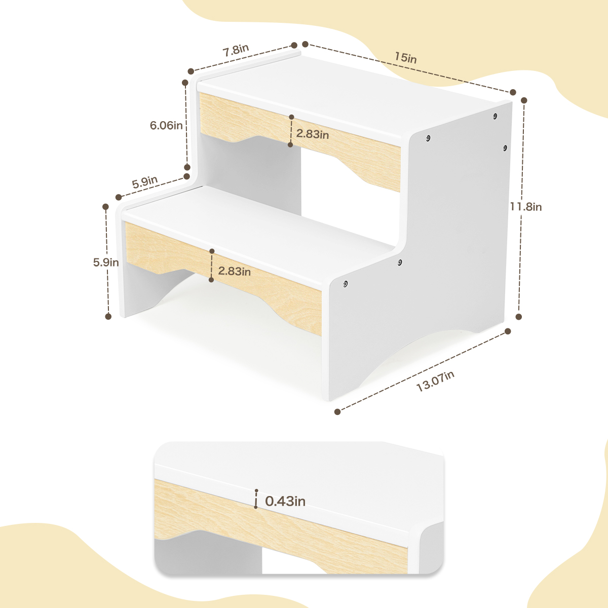 Wooden 2-step toddler stool showing dimensions and dual-step design
