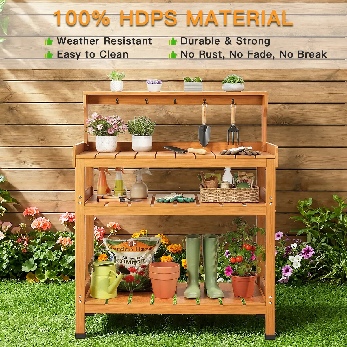 100 percent HDPE material features for Garden Potting Bench Table highlighting weather resistance and durability