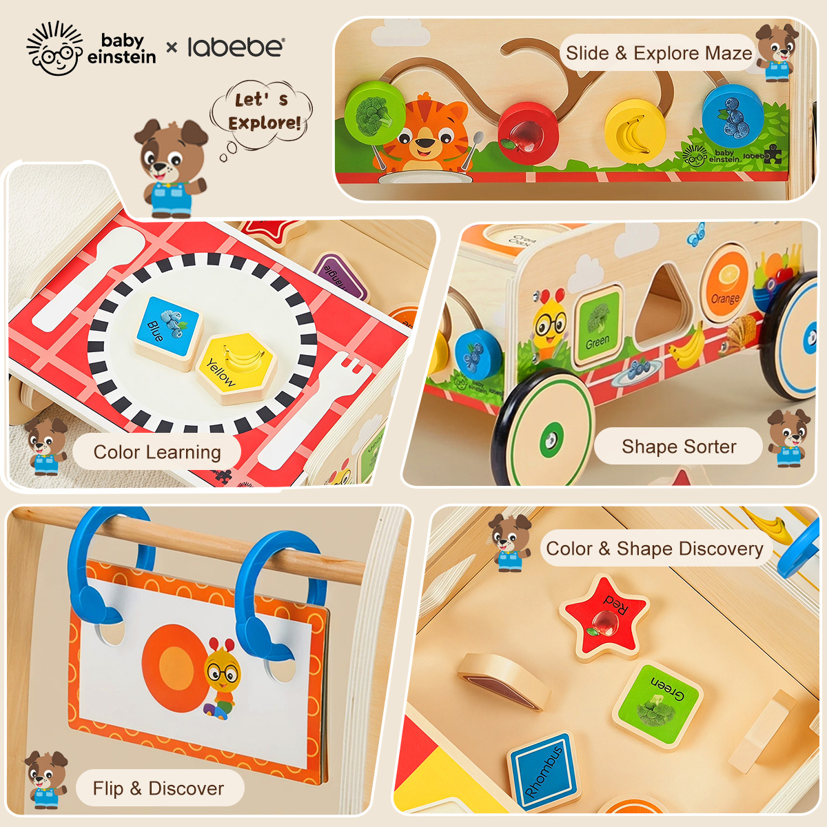 Baby Einstein wooden activity walker with slide maze, shape sorter, flip cards and color learning activities