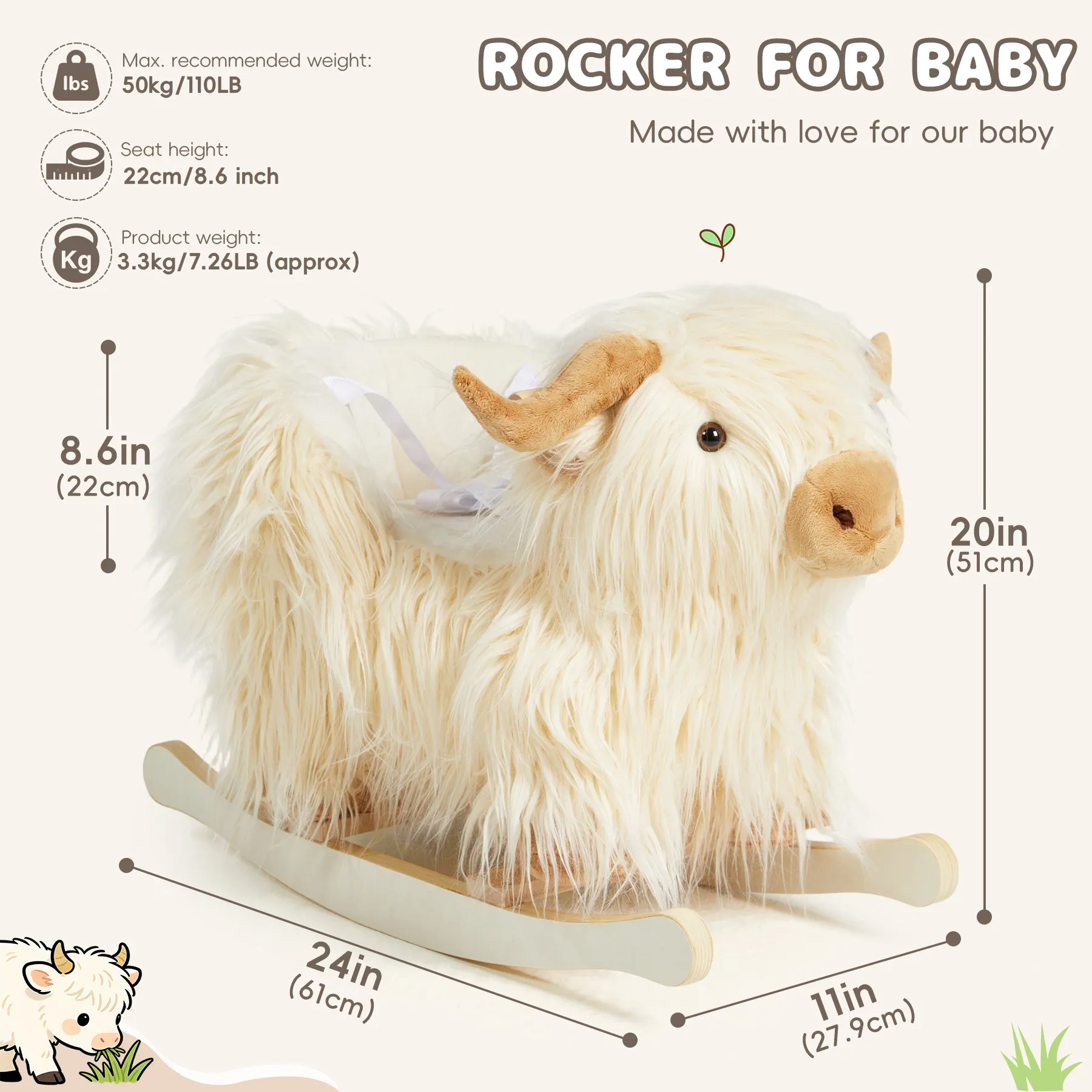White Highland Cow plush rocker dimensions and recommended size for toddlers