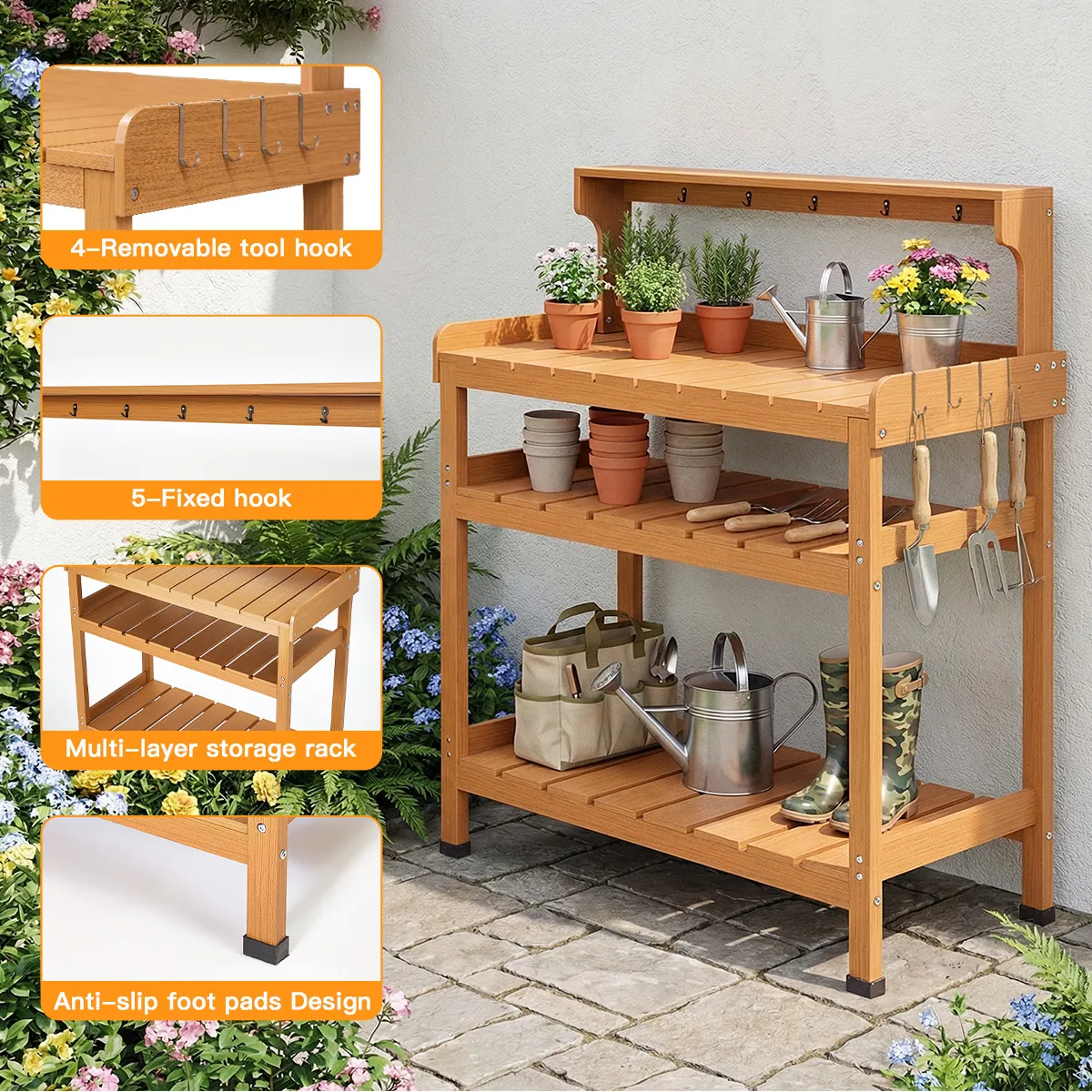 Structural design details of outdoor garden potting bench including top shelf and slat tabletop