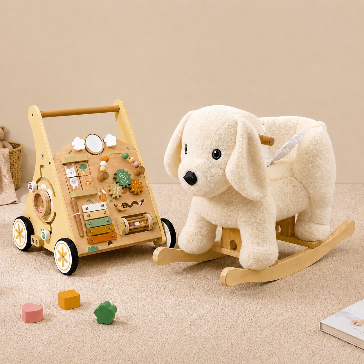 Labebe Labrador plush rocker and yellow baby walker set for toddlers