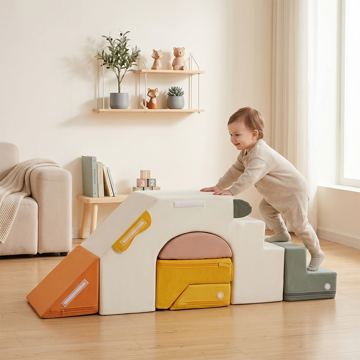 Baby climbing on soft foam climbing block set at home