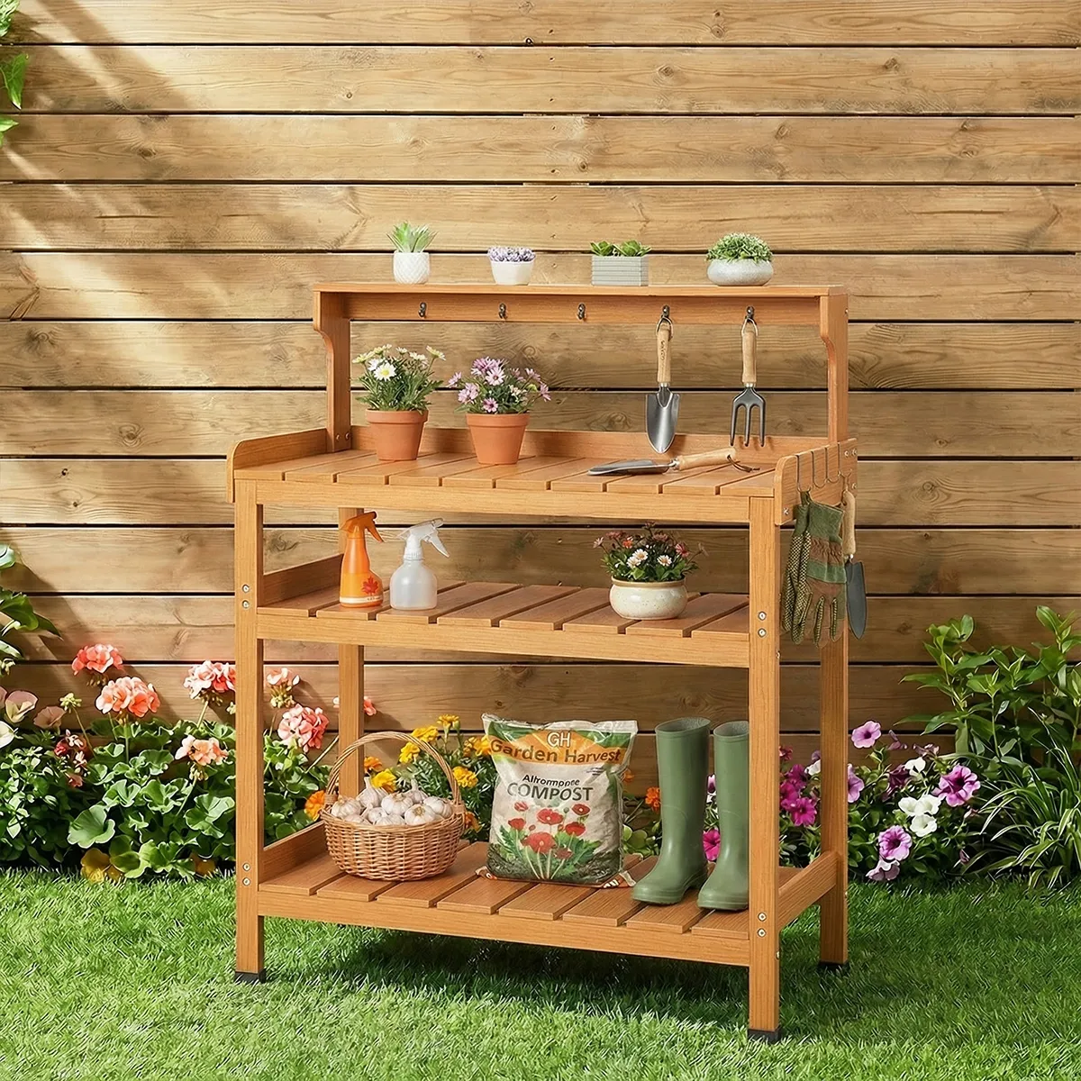 Outdoor garden potting bench table placed against wooden wall in backyard