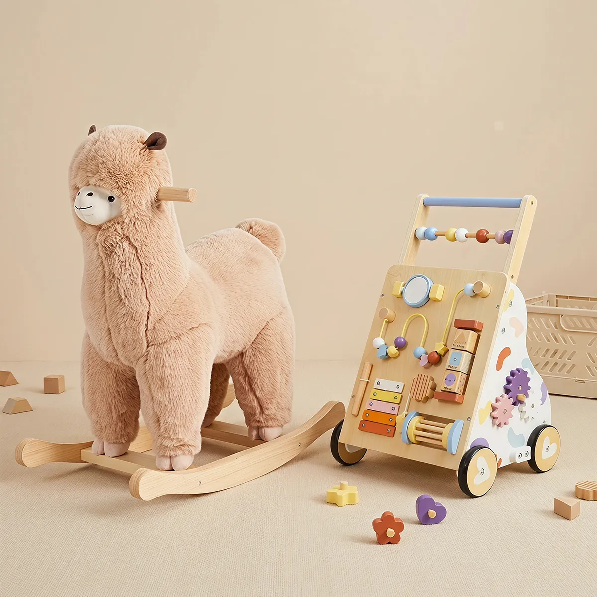 labebe fluffy llama plush rocker and wooden activity baby walker set