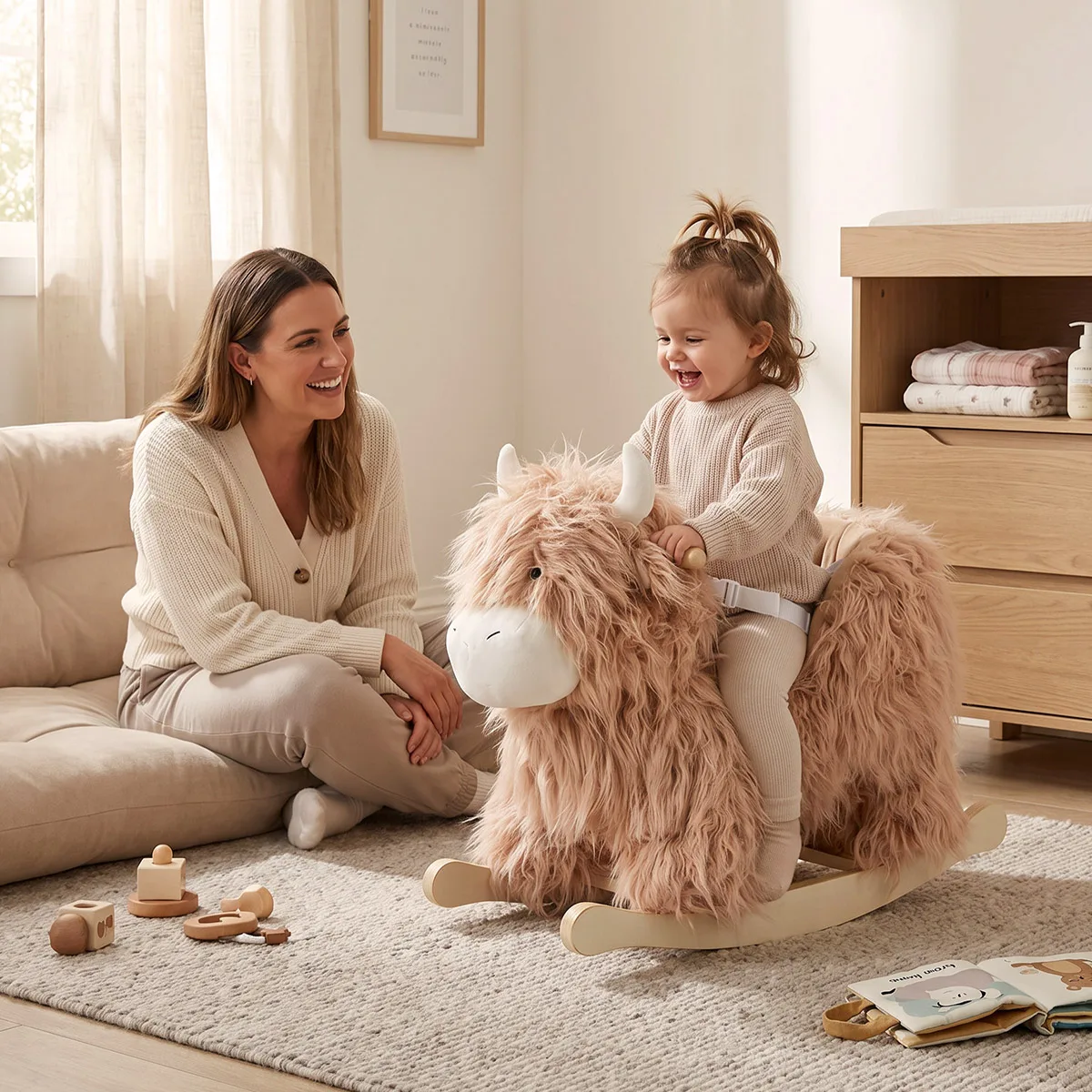 Toddler riding a yak plush rocking horse with parent