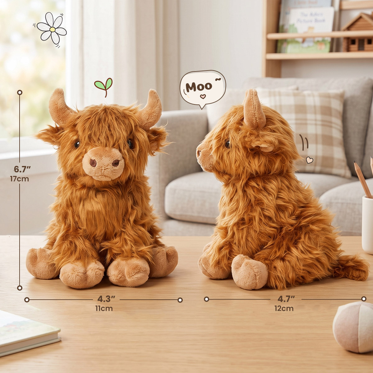 Labebe highland cow plush toy front and side view dimensions in living room