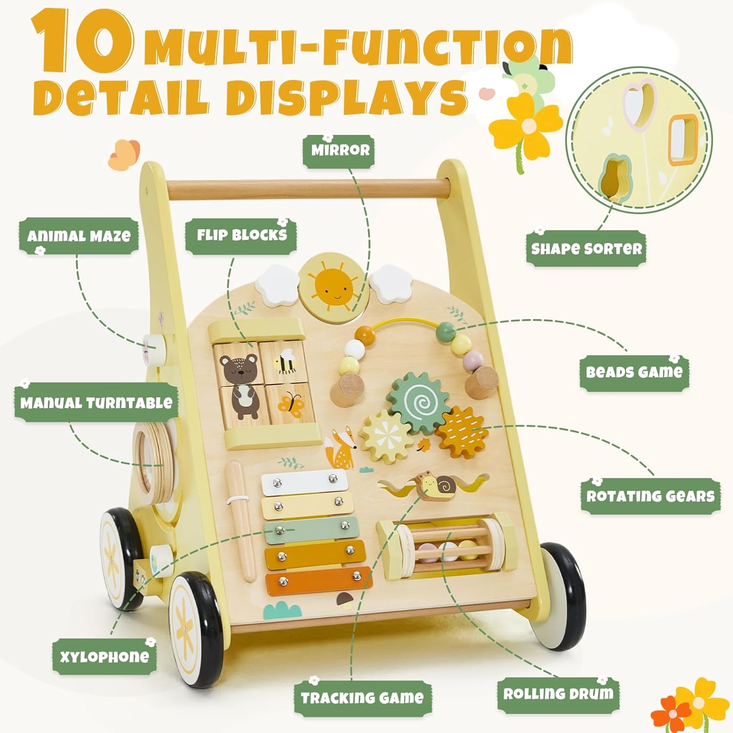 multifunction wooden baby walker with educational activities