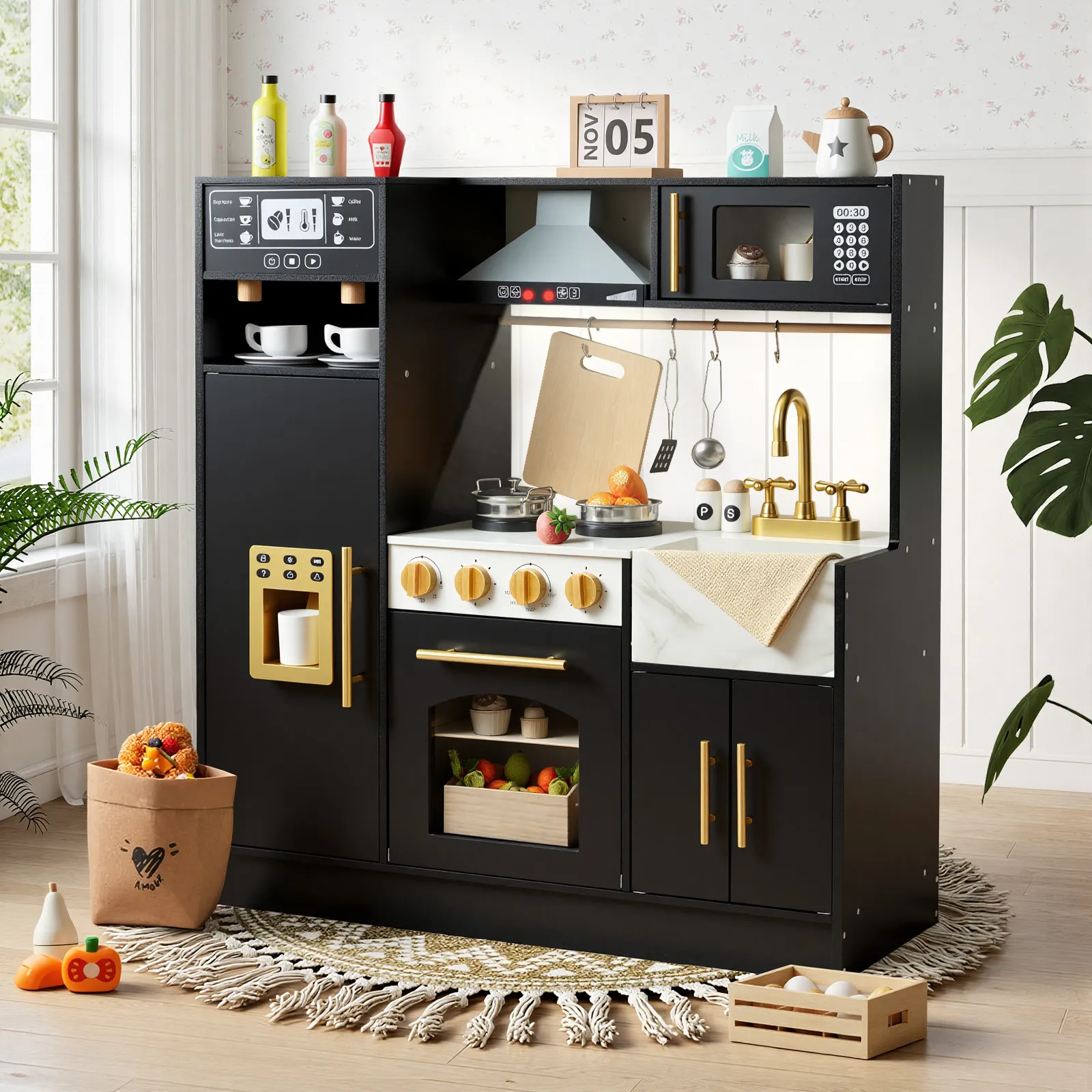 labebe Midnight Serenity black wooden play kitchen set with gold accents and marble backdrop in playroom