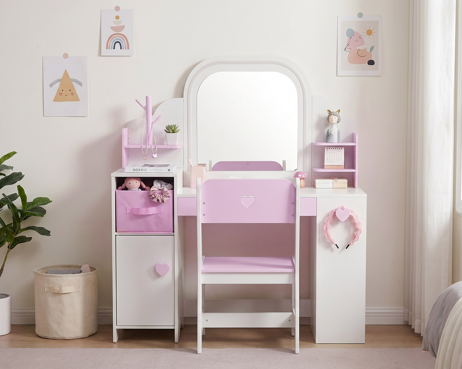 White vanity set with storage cabinet and pink accents – Labebe 3 in 1 kids vanity table with chair