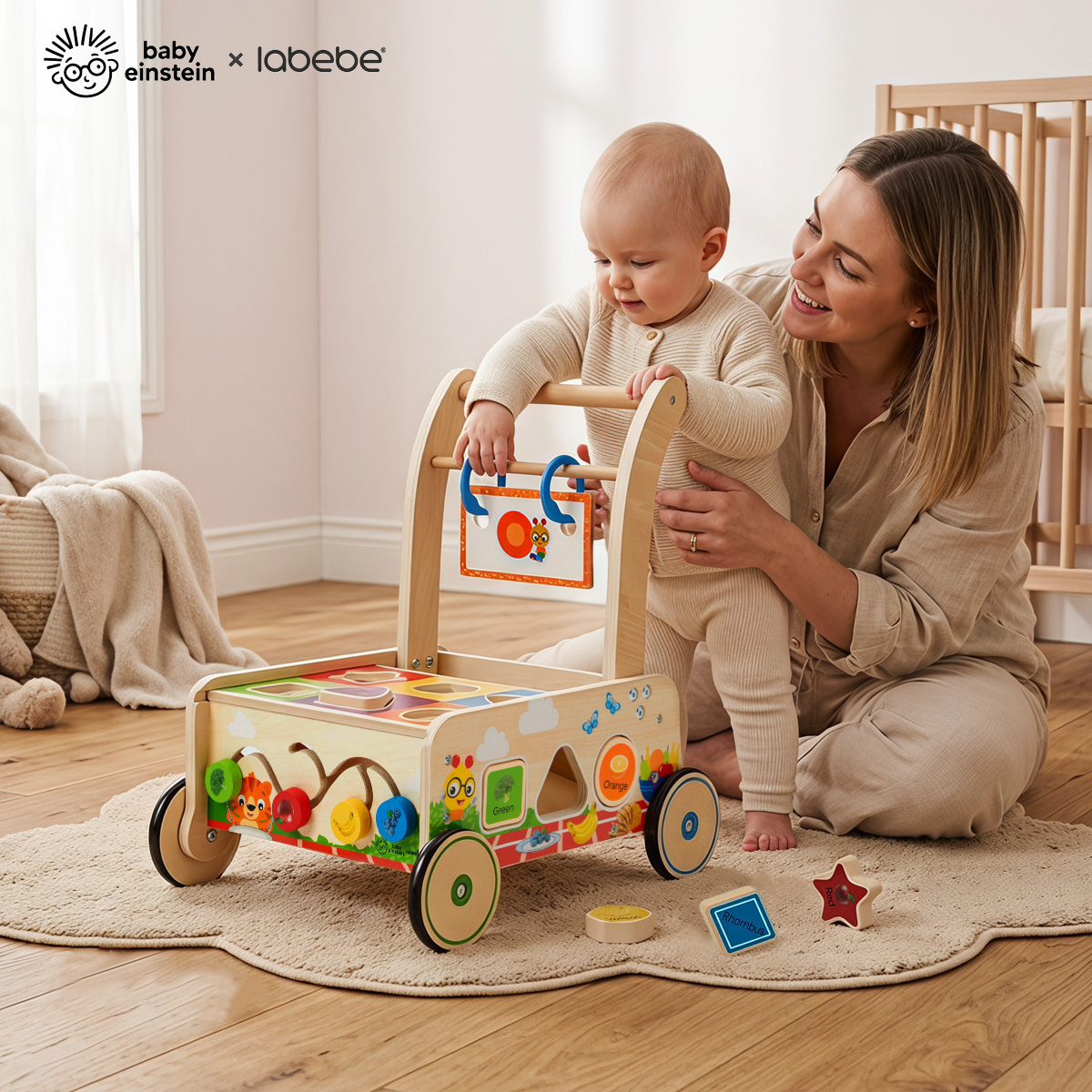 Parent helping toddler take first steps using Baby Einstein wooden activity walker