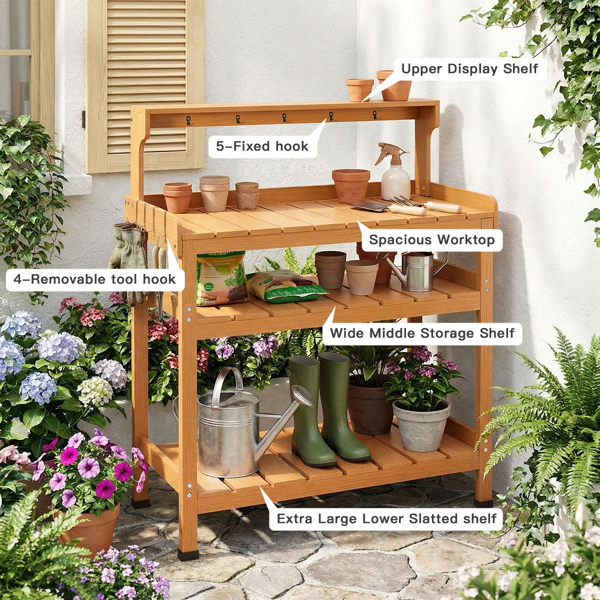 Functional storage zones infographic of outdoor garden potting workstation