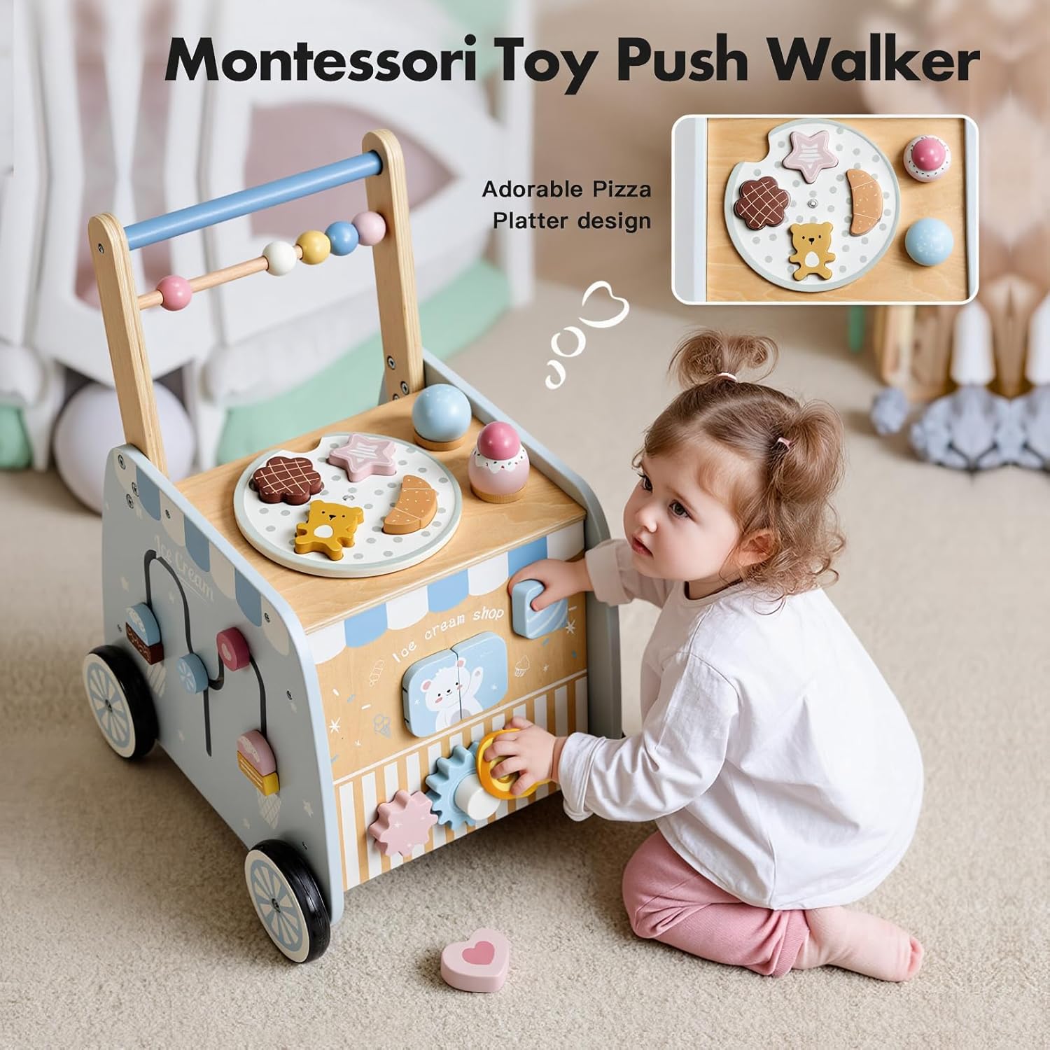 Montessori toy push walker with ice cream activity board and pretend play details