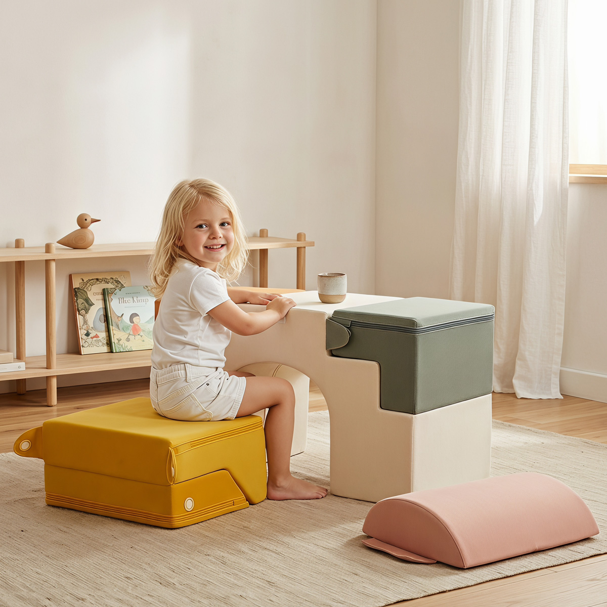 Toddler using soft foam blocks as activity table and seat