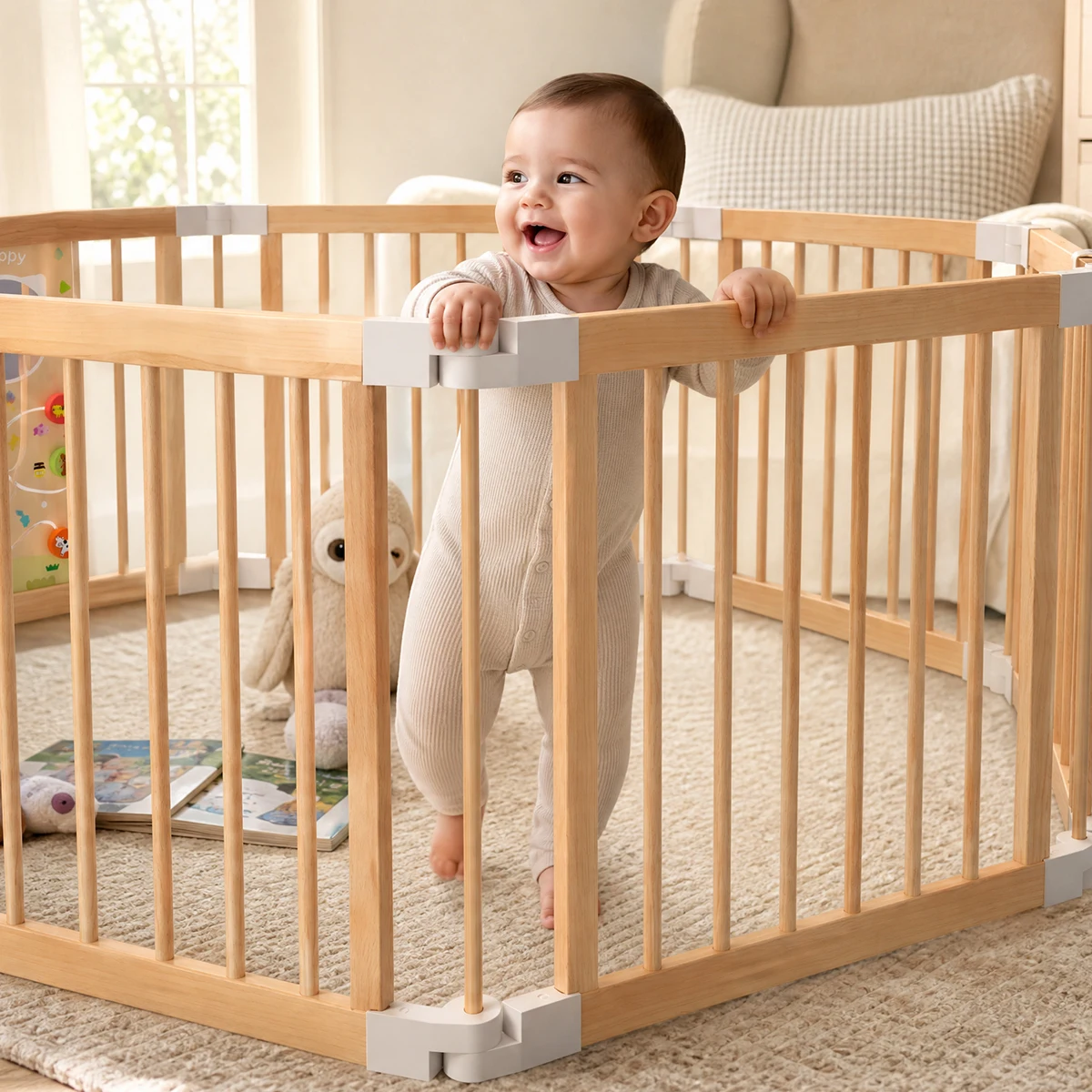 Baby playing safely in labebe natural wooden playpen with spacious indoor activity area