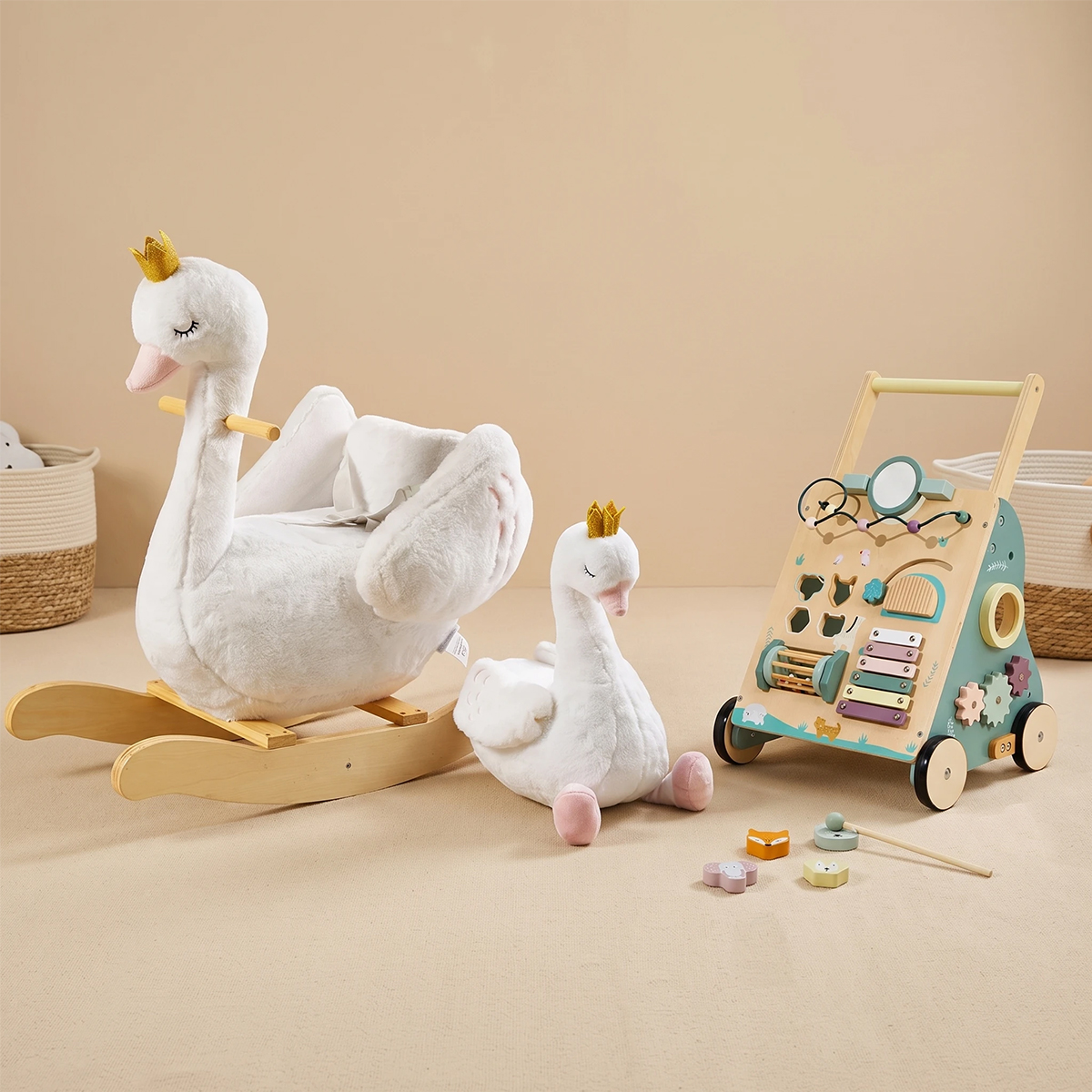 labebe rocking Swan and wooden baby walker bundle with activity toys