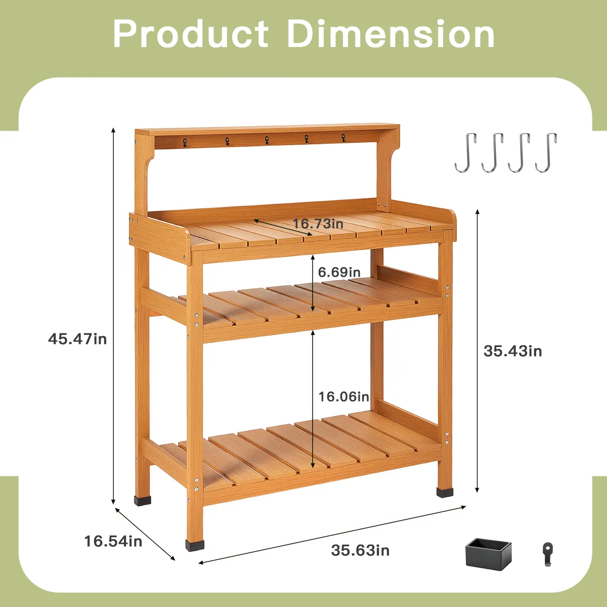 Product dimensions diagram for outdoor garden potting bench table