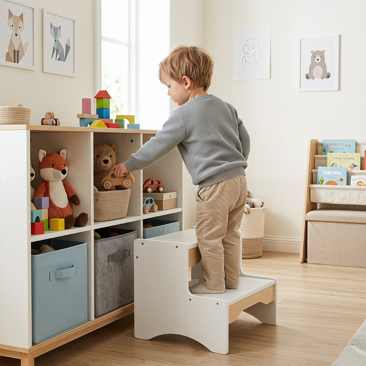 Toddler using wooden 2-step stool for play and daily routines, child-friendly design