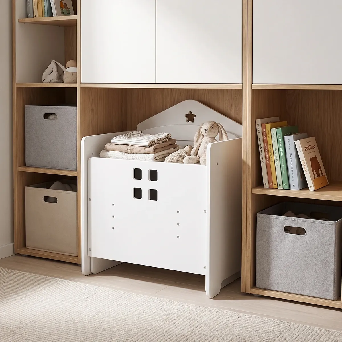 White wooden toddler desk set styled near storage shelf in children room