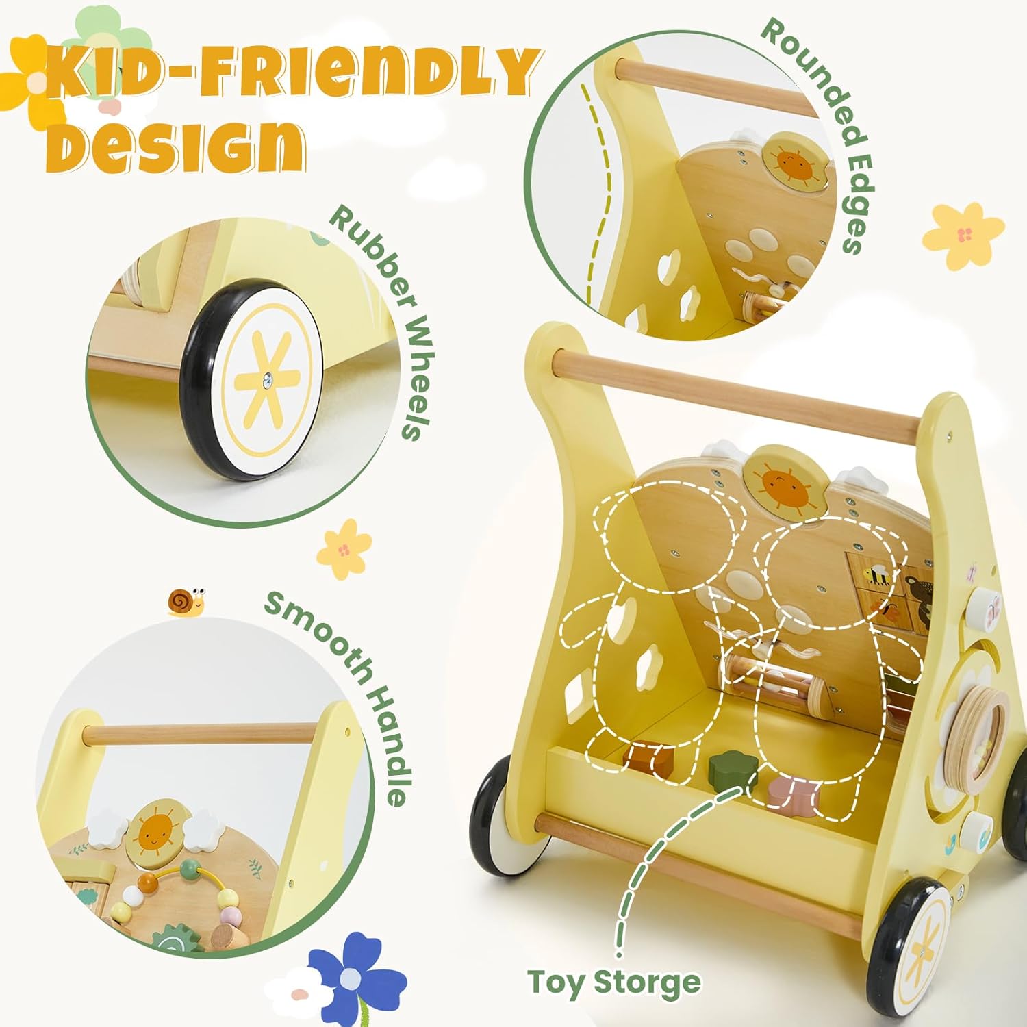 kid-friendly wooden baby walker with toy storage
