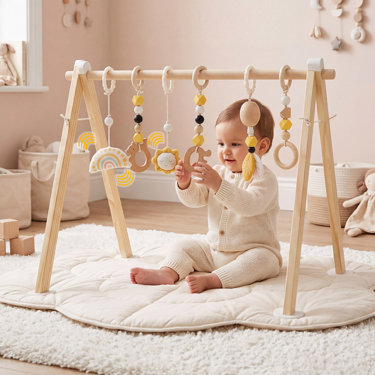 Baby sitting and playing with wooden infant play gym toys