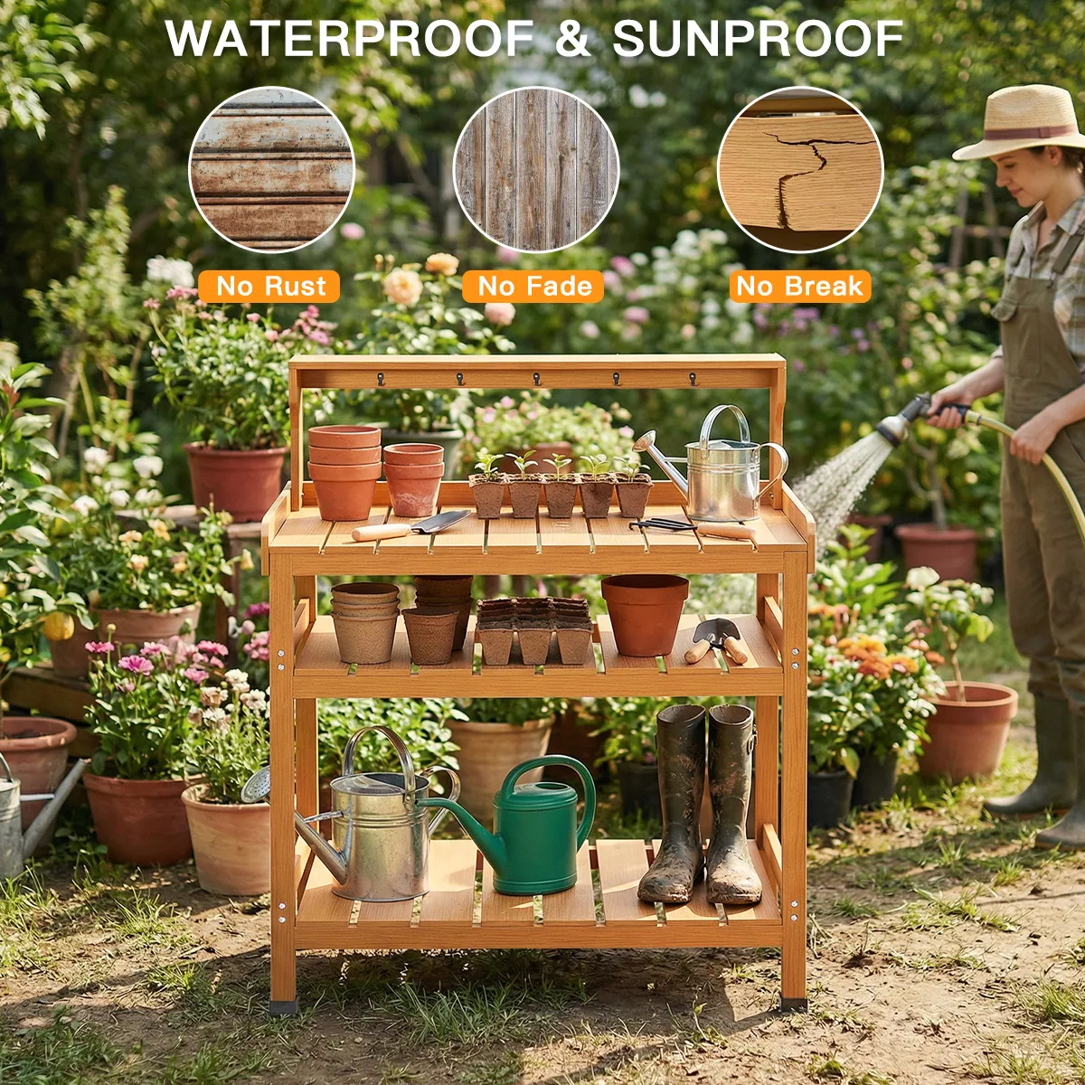 Waterproof and sunproof outdoor garden potting bench table with potted plants