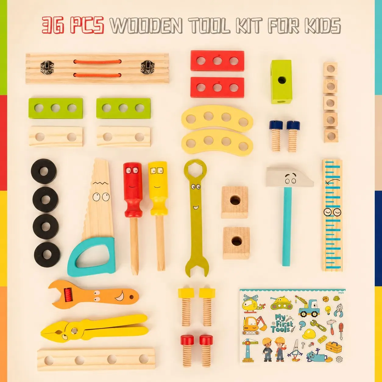 Flat lay breakdown of 36 pieces wooden tool kit for kids including hammer wrench and screws
