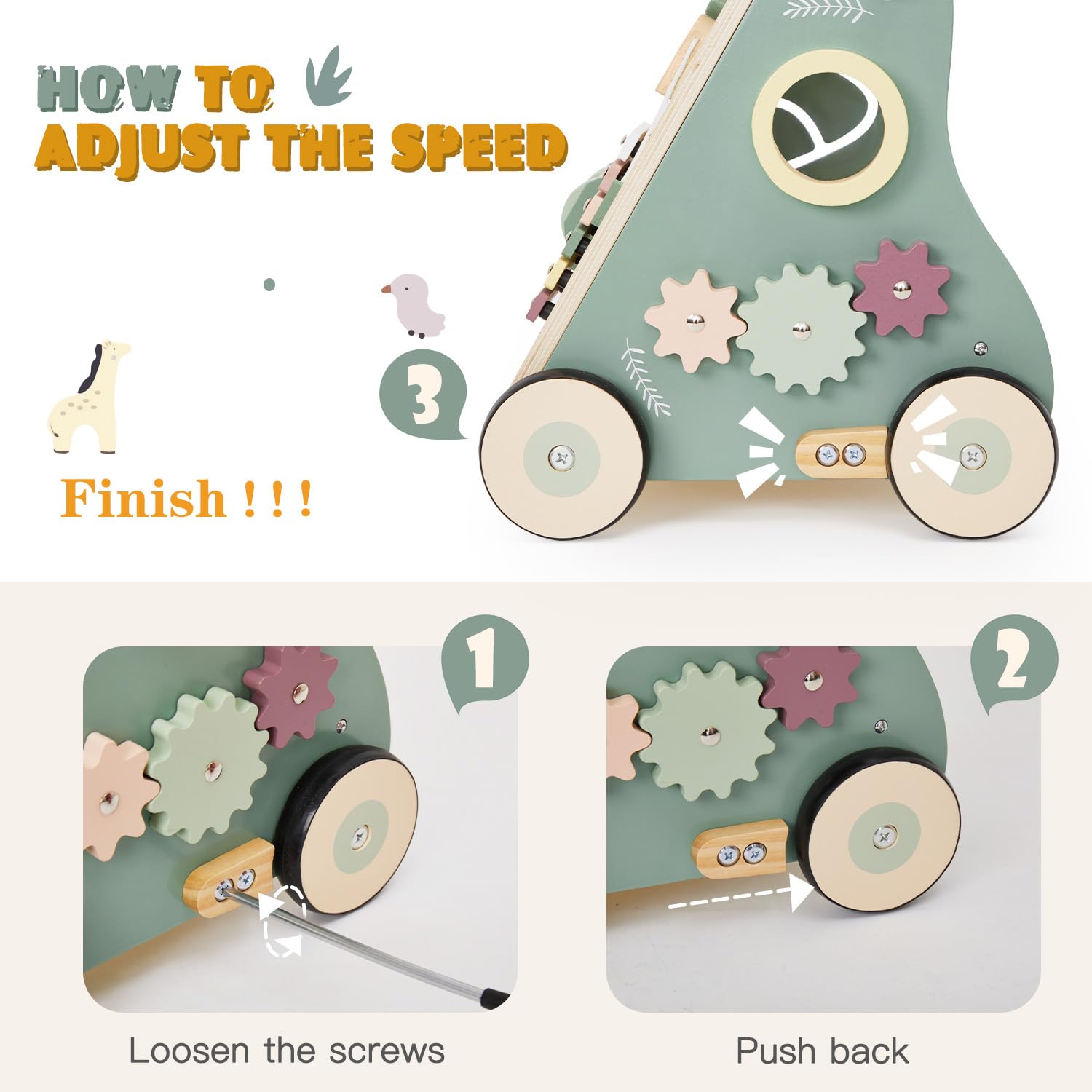 Adjustable speed wooden baby push walker with wheel control instructions
