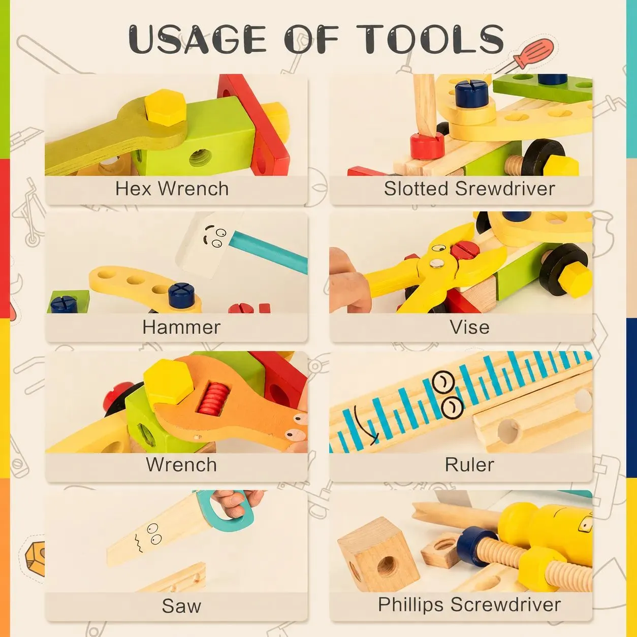 Usage of tools educational infographic showing fine motor skills with wooden toy tools