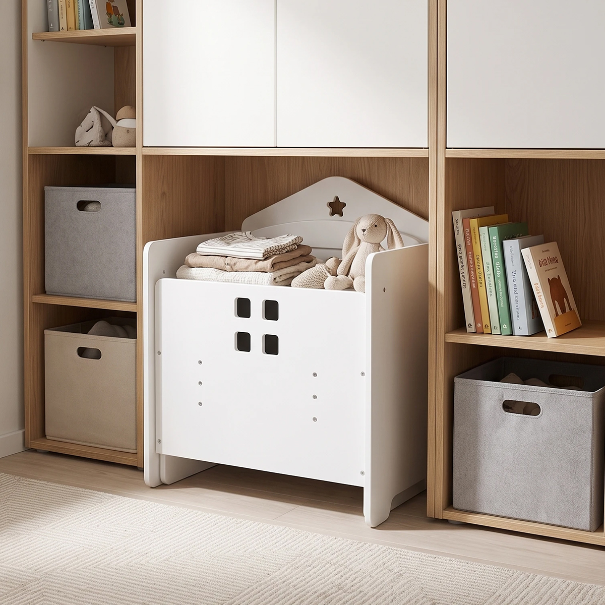 White toddler table and chair set used as compact toy and clothing storage