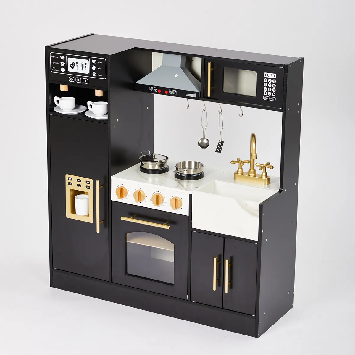 Modern black wooden play kitchen set with brass handles and marble accent on white background