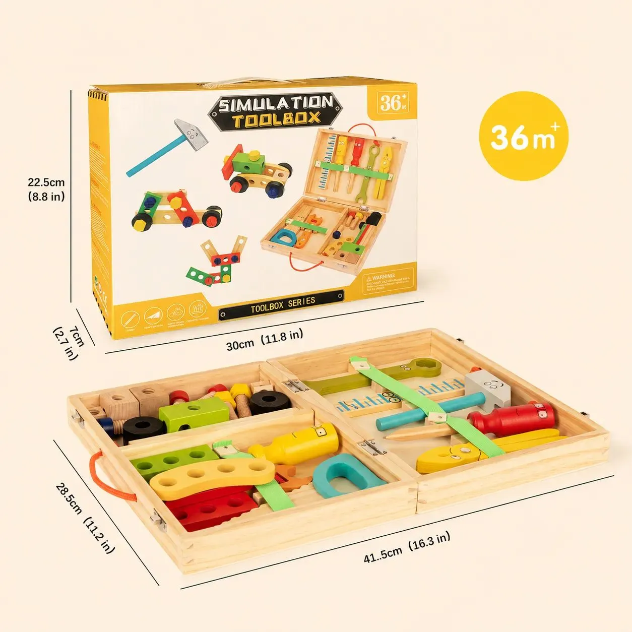 Packaging box and product dimensions diagram for 36-piece wooden tool set