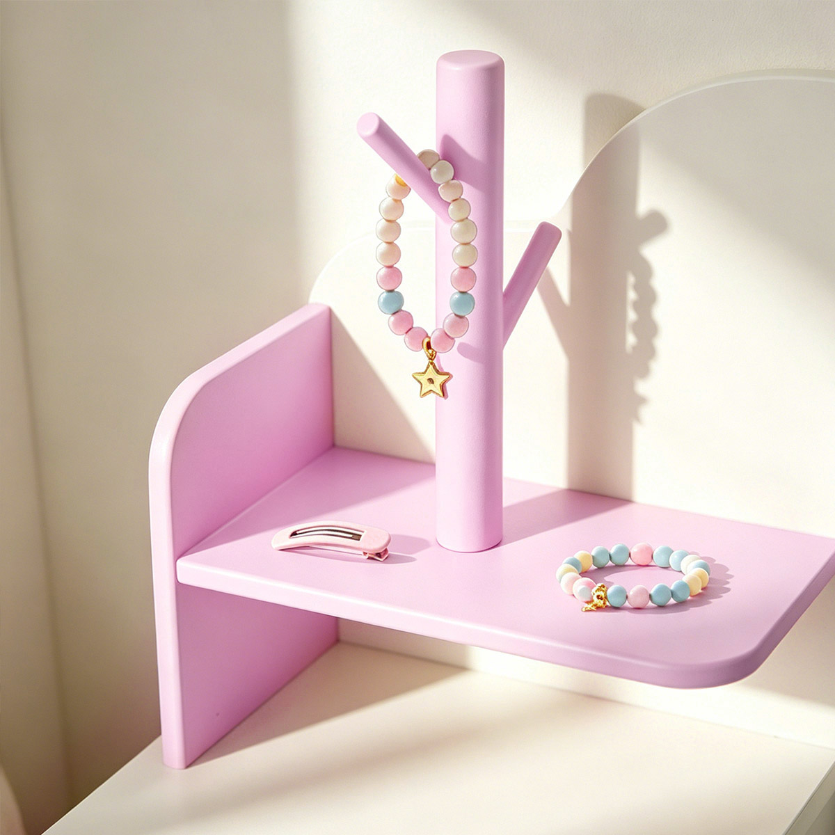 Pink jewelry tree detail on white and pink dressing table – Labebe kids vanity with storage